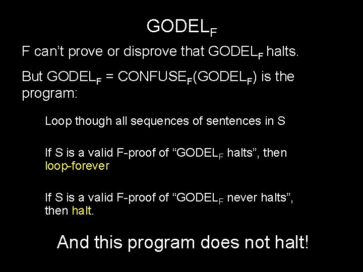 GODELF F can’t prove or disprove that GODELF halts. But GODELF = CONFUSEF(GODELF) is