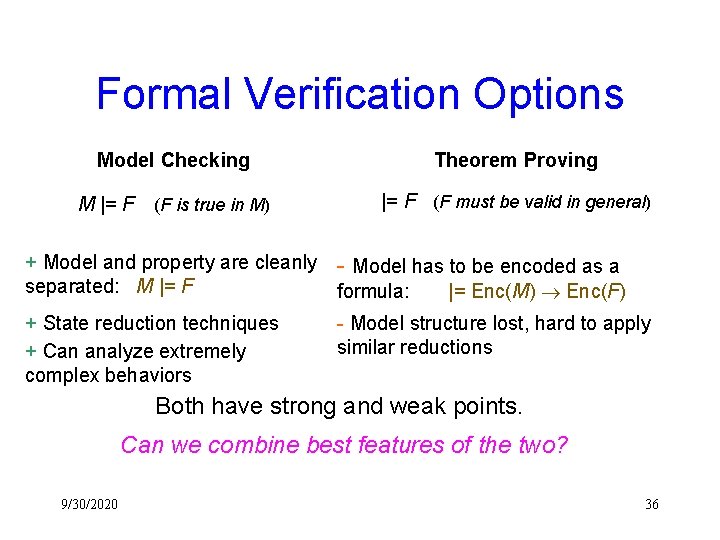 Formal Verification Options Model Checking M |= F (F is true in M) Theorem