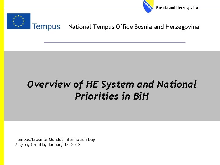 Bosnia and Herzegovina National Tempus Office Bosnia and Herzegovina Overview of HE System and