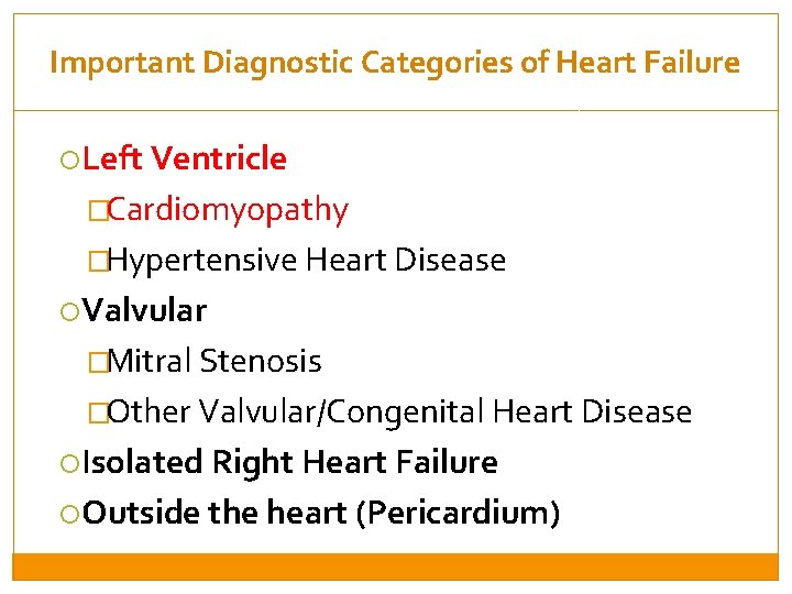 Important Diagnostic Categories of Heart Failure Left Ventricle �Cardiomyopathy �Hypertensive Heart Disease Valvular �Mitral