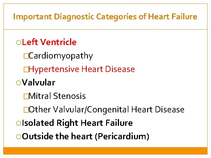 Important Diagnostic Categories of Heart Failure Left Ventricle �Cardiomyopathy �Hypertensive Heart Disease Valvular �Mitral
