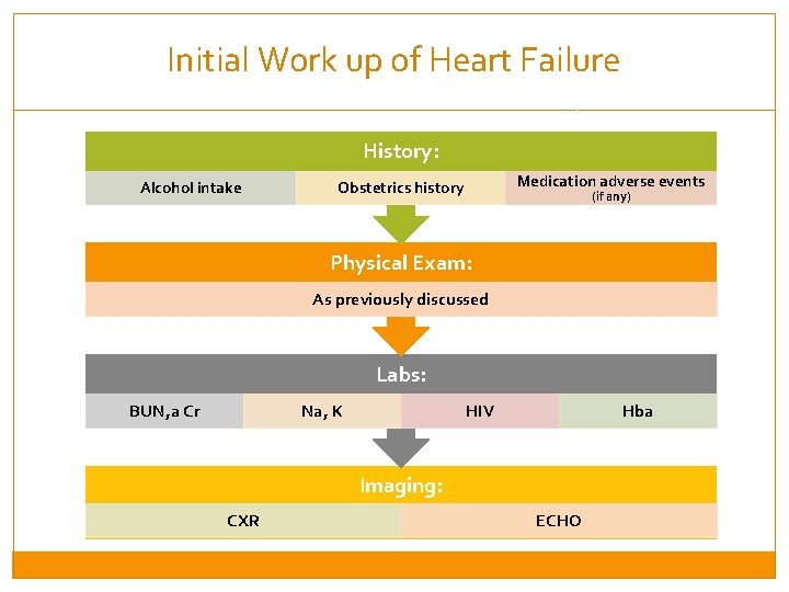 Initial Work up of Heart Failure History: Alcohol intake Medication adverse events Obstetrics history