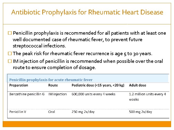 Antibiotic Prophylaxis for Rheumatic Heart Disease � Penicillin prophylaxis is recommended for all patients