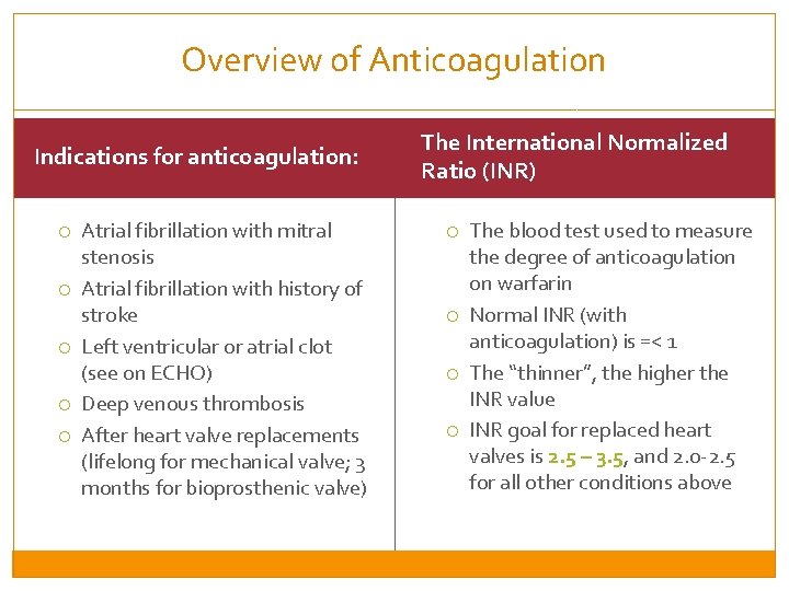 Overview of Anticoagulation Indications for anticoagulation: Atrial fibrillation with mitral stenosis Atrial fibrillation with