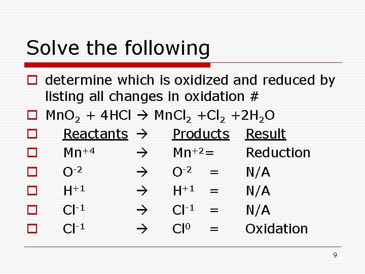 Solve the following o determine which is oxidized and reduced by listing all changes