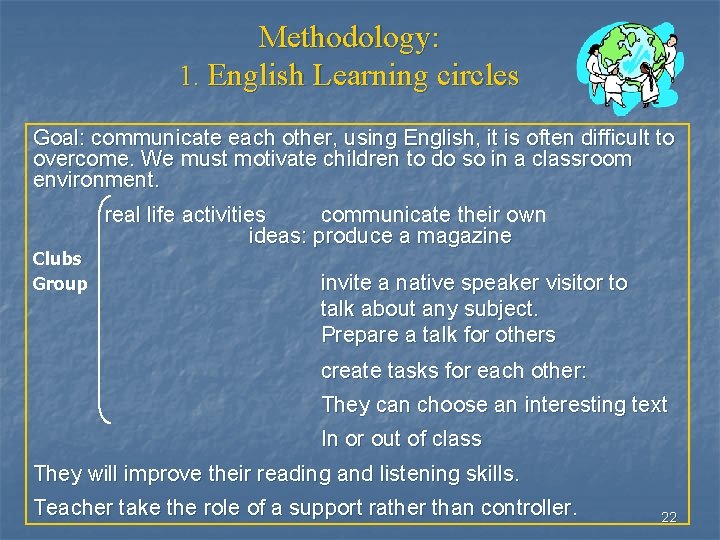 Methodology: 1. English Learning circles Goal: communicate each other, using English, it is often