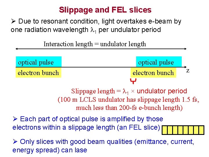 Slippage and FEL slices Ø Due to resonant condition, light overtakes e-beam by one