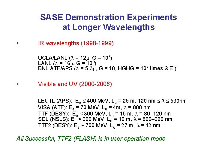 SASE Demonstration Experiments at Longer Wavelengths • IR wavelengths (1998 -1999) UCLA/LANL ( =