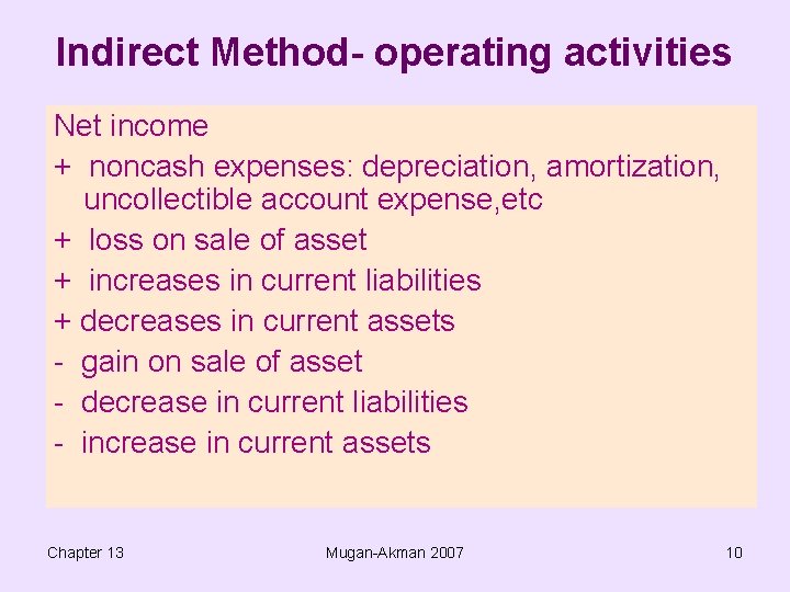 Indirect Method- operating activities Net income + noncash expenses: depreciation, amortization, uncollectible account expense,