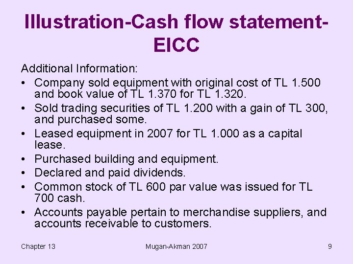 Illustration-Cash flow statement. EICC Additional Information: • Company sold equipment with original cost of