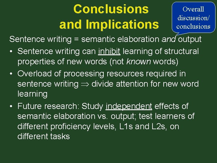 Conclusions and Implications Overall discussion/ conclusions Sentence writing = semantic elaboration and output •