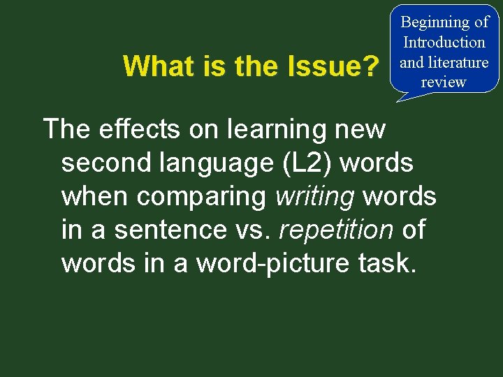 What is the Issue? Beginning of Introduction and literature review The effects on learning