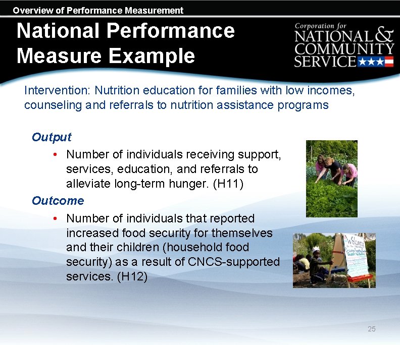 Overview of Performance Measurement National Performance Measure Example Intervention: Nutrition education for families with