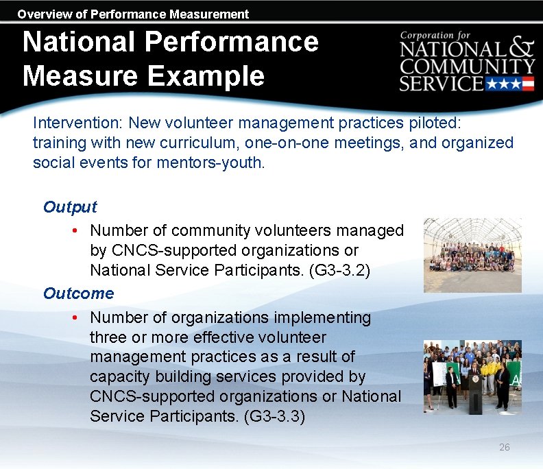 Overview of Performance Measurement National Performance Measure Example Intervention: New volunteer management practices piloted: