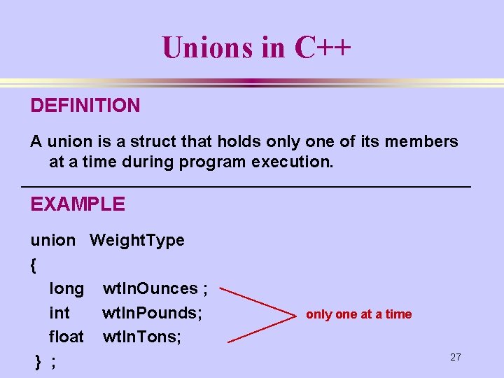 Unions in C++ DEFINITION A union is a struct that holds only one of