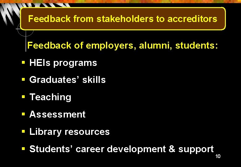 Feedback from stakeholders to accreditors Feedback of employers, alumni, students: § HEIs programs §