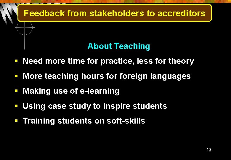 Feedback from stakeholders to accreditors About Teaching § Need more time for practice, less