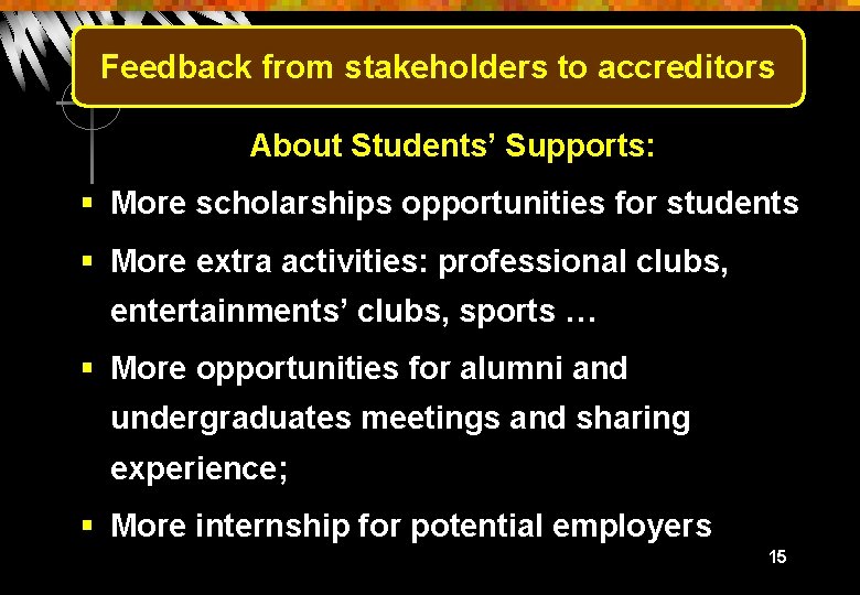 Feedback from stakeholders to accreditors About Students’ Supports: § More scholarships opportunities for students