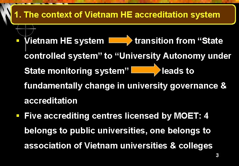 1. The context of Vietnam HE accreditation system § Vietnam HE system transition from