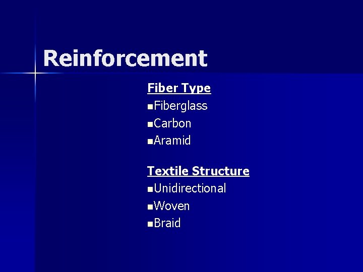 Reinforcement Fiber Type n. Fiberglass n. Carbon n. Aramid Textile Structure n. Unidirectional n.