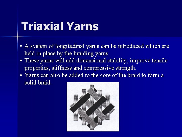 Triaxial Yarns • A system of longitudinal yarns can be introduced which are held