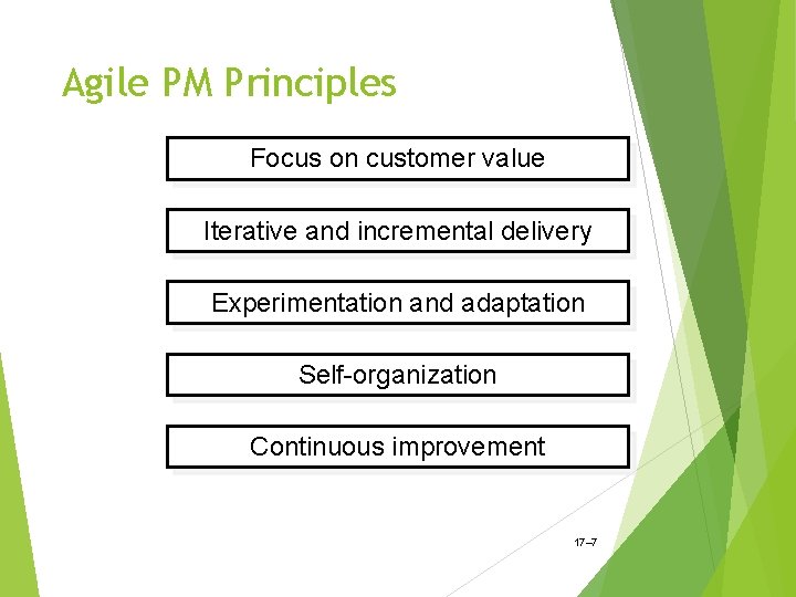 Agile PM Principles Focus on customer value Iterative and incremental delivery Experimentation and adaptation