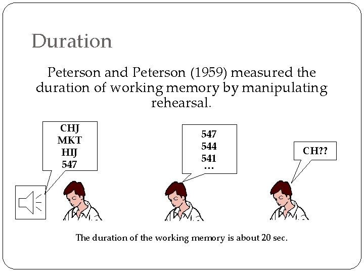 Duration Peterson and Peterson (1959) measured the duration of working memory by manipulating rehearsal.