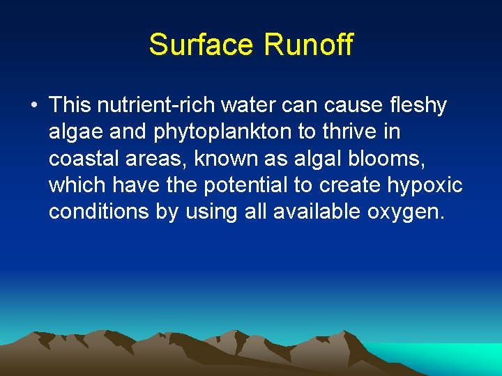 Surface Runoff • This nutrient-rich water can cause fleshy algae and phytoplankton to thrive