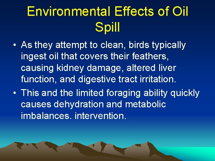 Environmental Effects of Oil Spill • As they attempt to clean, birds typically ingest