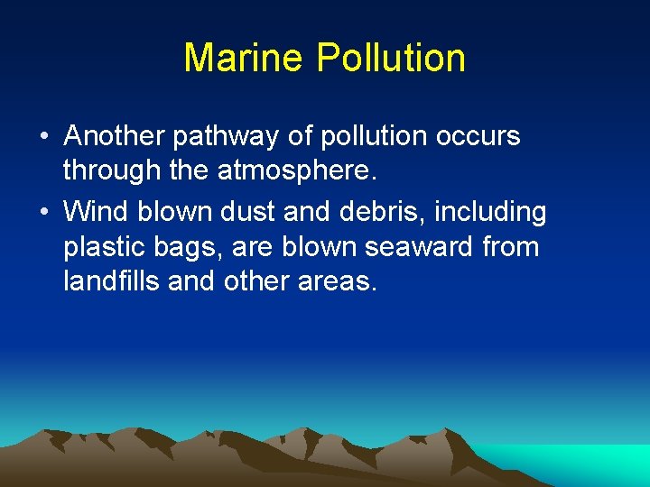 Marine Pollution • Another pathway of pollution occurs through the atmosphere. • Wind blown