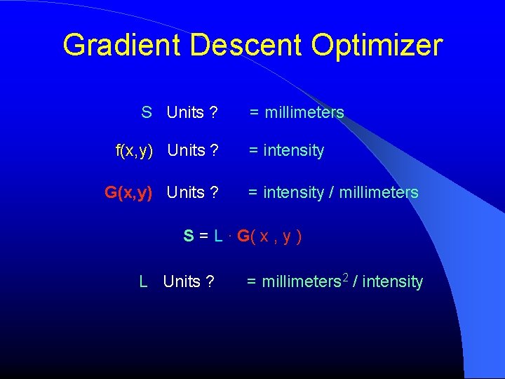 Gradient Descent Optimizer S Units ? f(x, y) Units ? G(x, y) Units ?