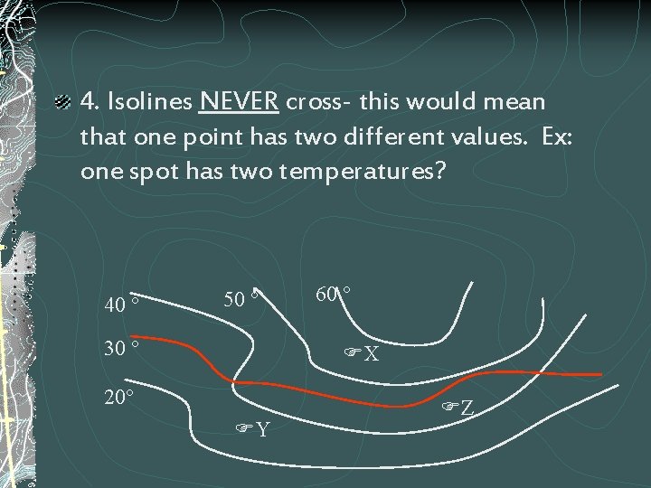 4. Isolines NEVER cross- this would mean that one point has two different values.