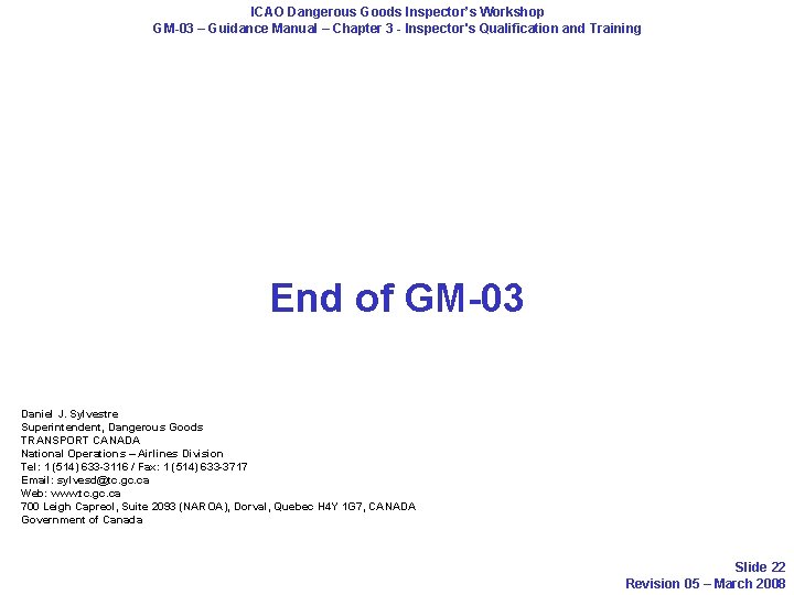 ICAO Dangerous Goods Inspector’s Workshop GM-03 – Guidance Manual – Chapter 3 - Inspector's