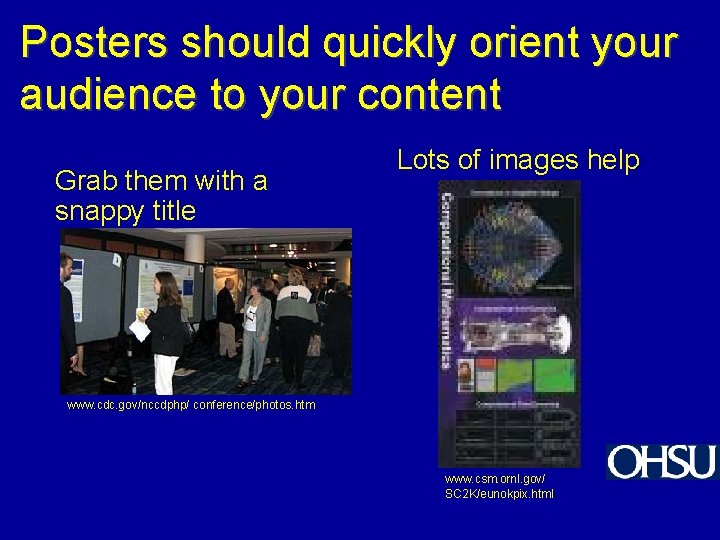 Posters should quickly orient your audience to your content Grab them with a snappy