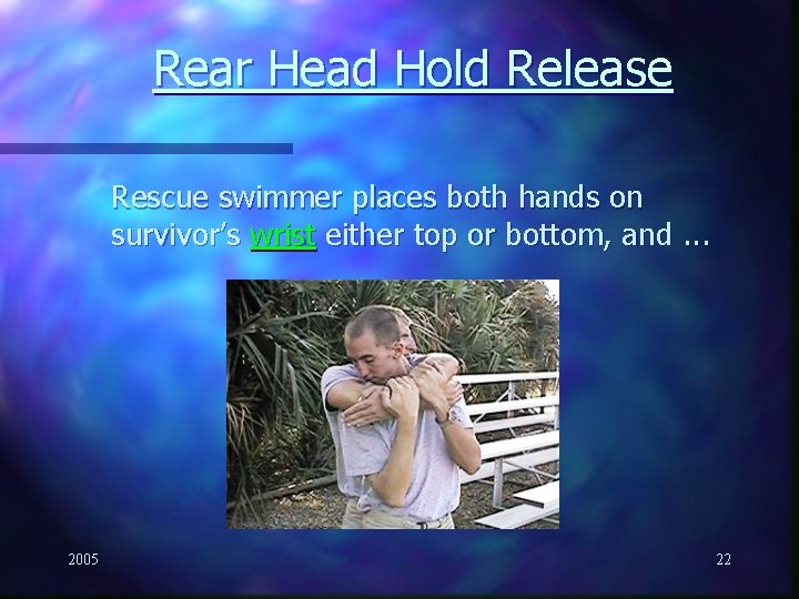 Rear Head Hold Release Rescue swimmer places both hands on survivor’s wrist either top