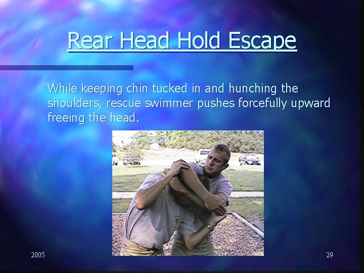 Rear Head Hold Escape While keeping chin tucked in and hunching the shoulders, rescue