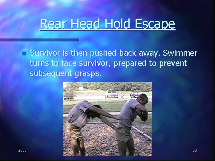 Rear Head Hold Escape n 2005 Survivor is then pushed back away. Swimmer turns