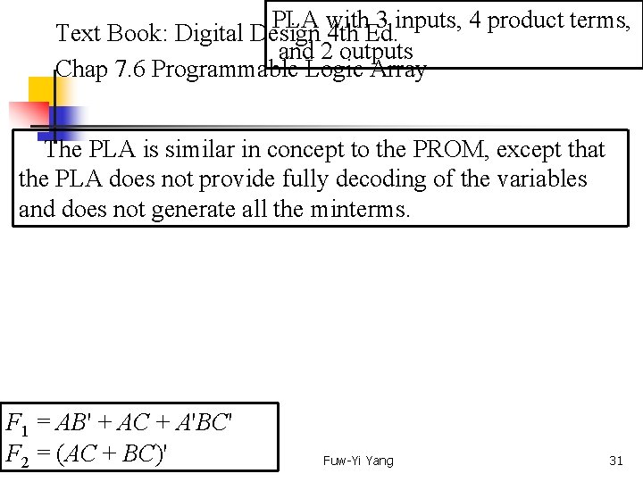 PLA with 3 inputs, 4 product terms, Text Book: Digital Design 4 th Ed.