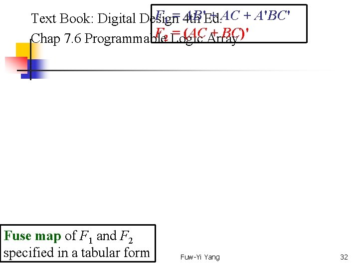F 1 = AB' + AC + A'BC' Text Book: Digital Design 4 th