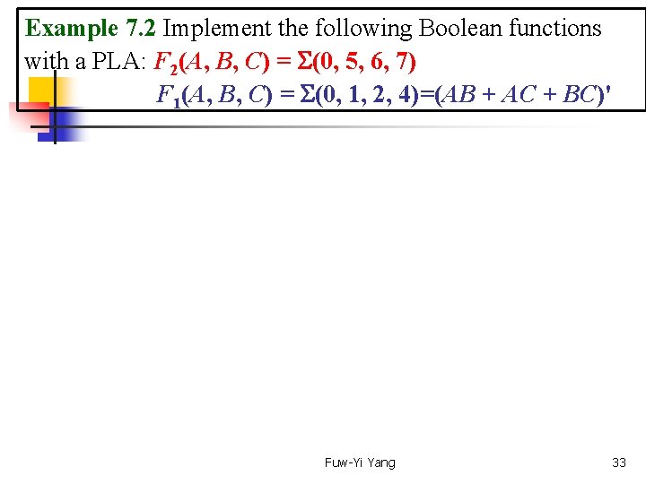Example 7. 2 Implement the following Boolean functions with a PLA: F 2(A, B,