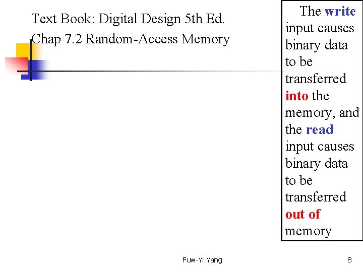  Text Book: Digital Design 5 th Ed. Chap 7. 2 Random-Access Memory Fuw-Yi