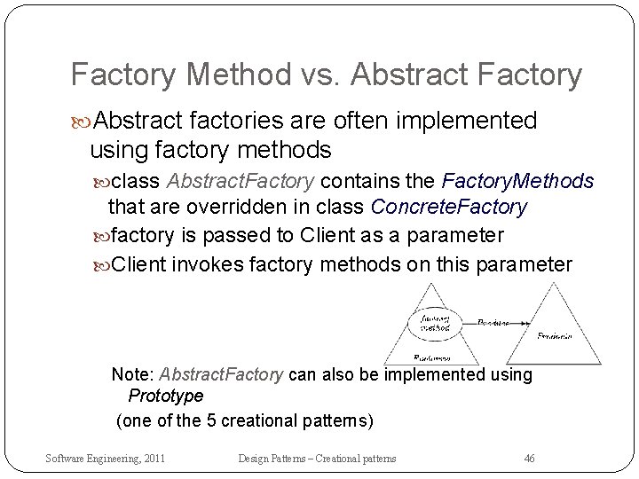 Factory Method vs. Abstract Factory Abstract factories are often implemented using factory methods class