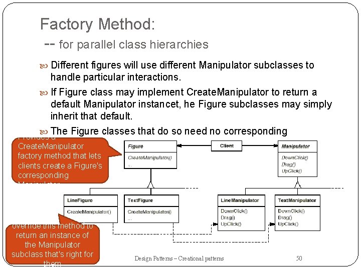 Factory Method: -- for parallel class hierarchies Different figures will use different Manipulator subclasses