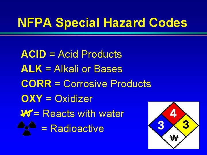 NFPA Special Hazard Codes ACID = Acid Products ALK = Alkali or Bases CORR NFPA Special Hazard Codes ACID = Acid Products ALK = Alkali or Bases CORR