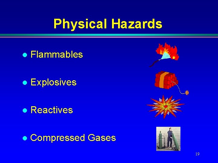 Physical Hazards l Flammables l Explosives l Reactives l Compressed Gases 19 Physical Hazards l Flammables l Explosives l Reactives l Compressed Gases 19
