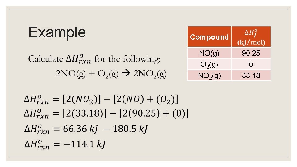 Example ◦ Compound NO(g) O 2(g) 90. 25 0 NO 2(g) 33. 18 