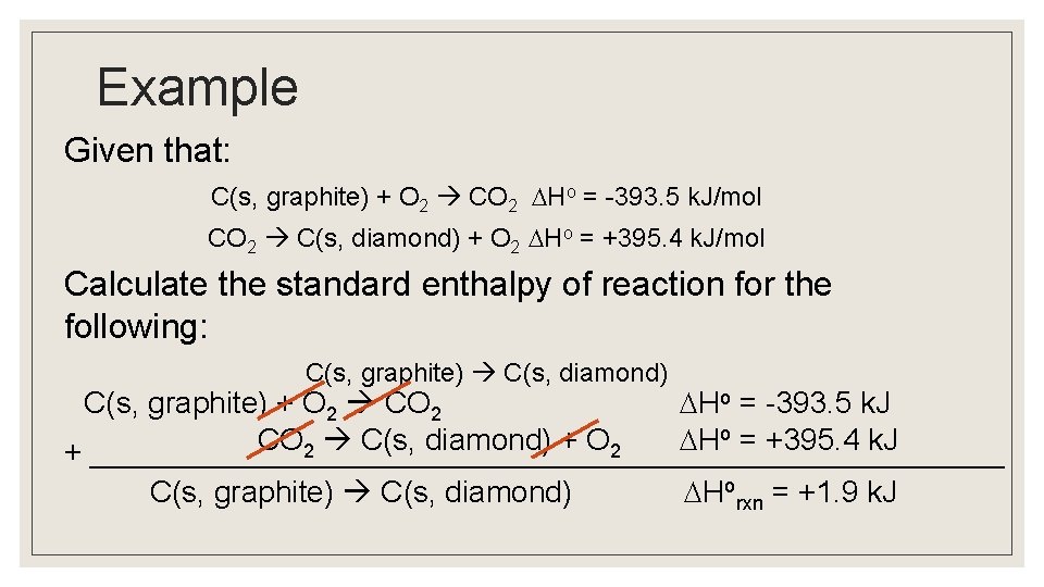 Example Given that: C(s, graphite) + O 2 CO 2 Ho = -393. 5