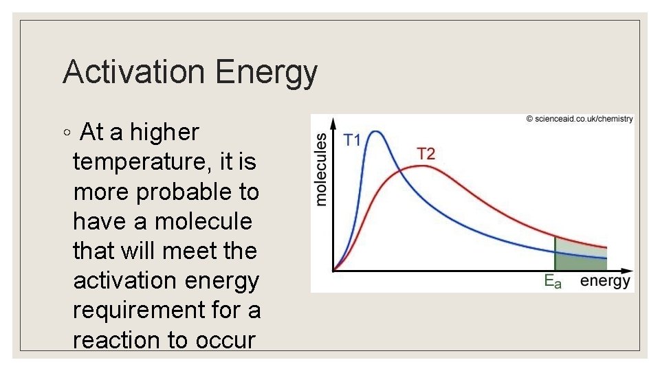 Activation Energy ◦ At a higher temperature, it is more probable to have a