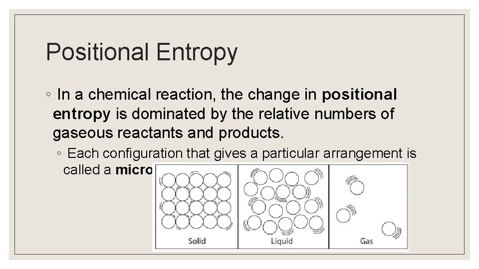 Positional Entropy ◦ In a chemical reaction, the change in positional entropy is dominated