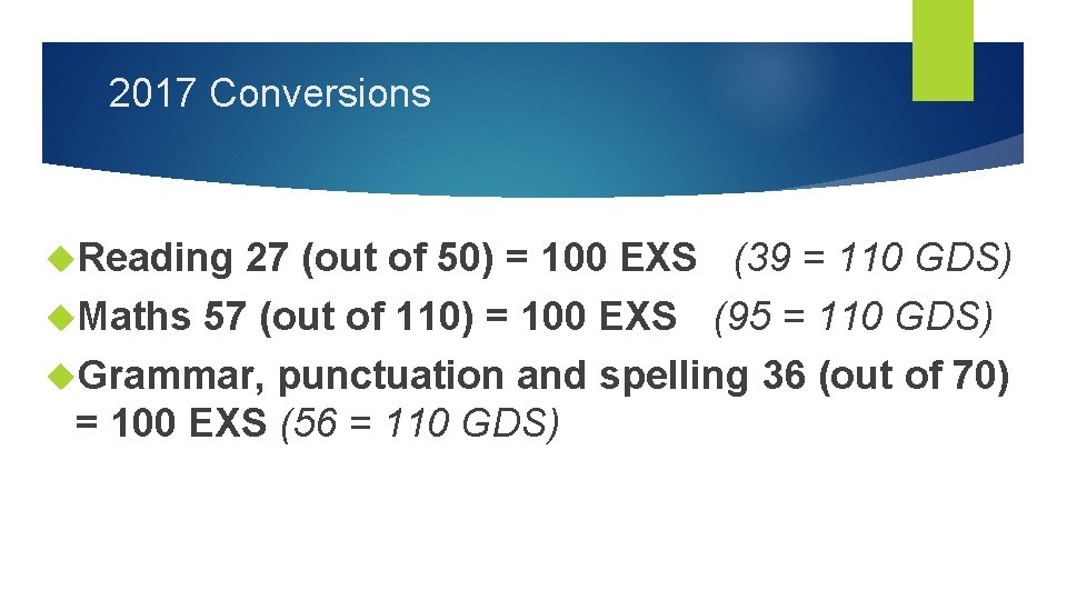 2017 Conversions Reading 27 (out of 50) = 100 EXS (39 = 110 GDS)